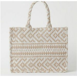 H&M woven neutral tote beach bag 16x16”